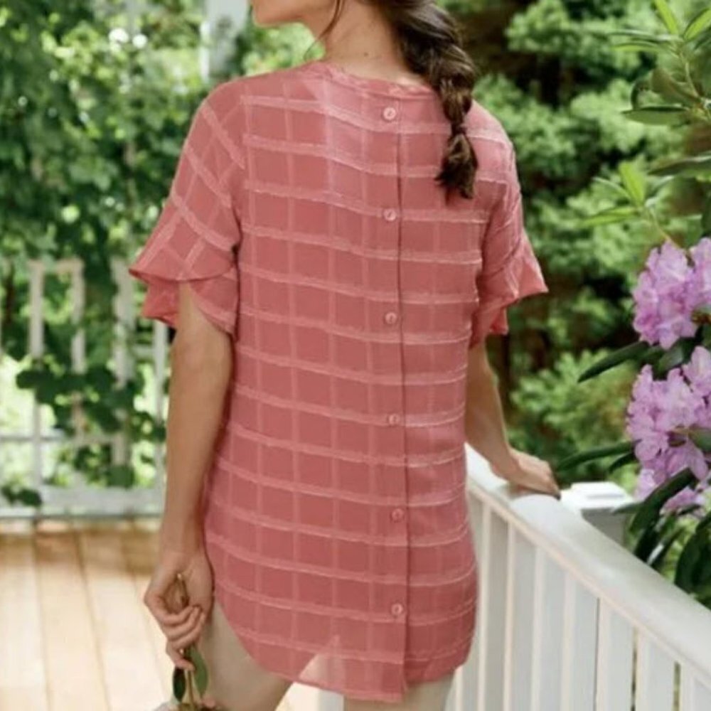 Soft Surroundings Medium Top Rose Pink Button Back‎ Blouse Flutter Short Sleeve